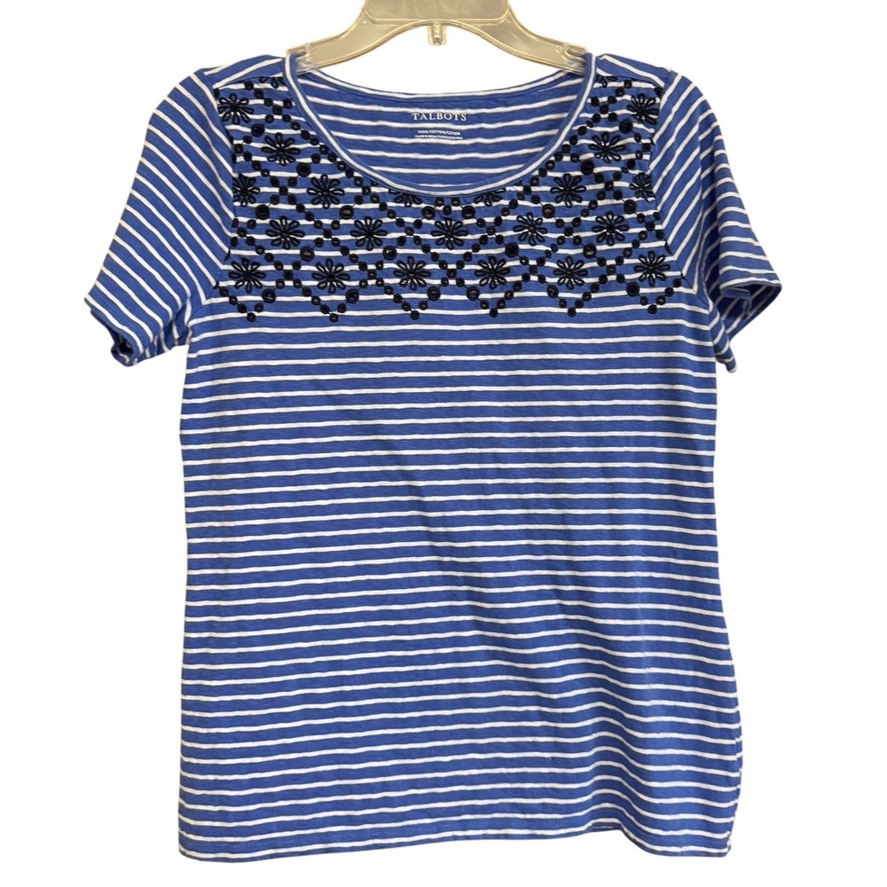 Talbots Womens Blue White Striped Eyelet Embroidered Cotton Top Sz M T Shirt